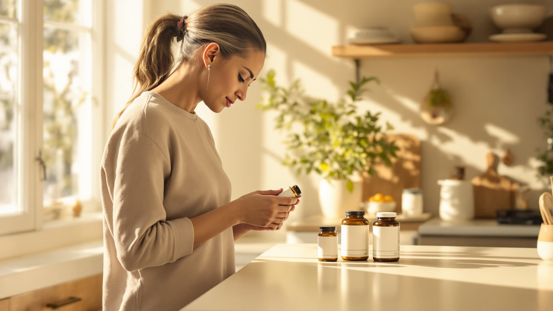 A person thoughtfully reviewing supplement labels at a bright kitchen counter